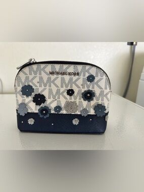 Michael Kors White & Navy Floral MK Logo Cosmetic Pouch